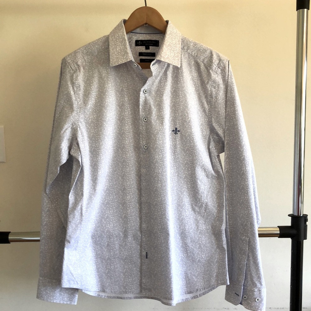 Light Blue Botanical Design Stretch Cotton Long-sleeve Shirt - Men’s Size M